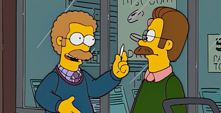Escena de Los Simpsons, Flanders rechaza mariguana de persona canadiense.