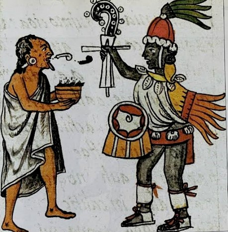 Tezcatlipoca disfrazado ofrece pulque a Quetzalcóatl. Códice Florentino.